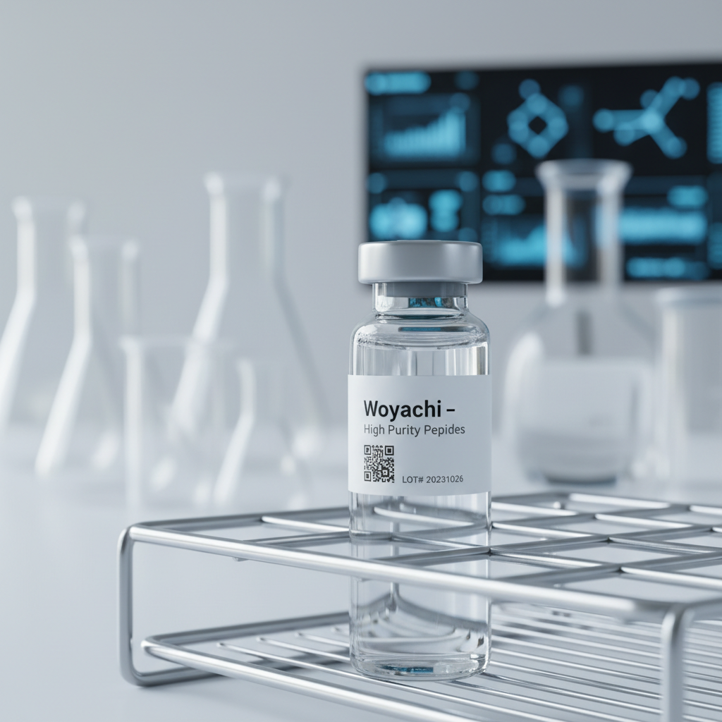 A close-up, photographic realism shot of a single peptide vial held upright in a chrome rack, its clear solution catching soft, cool-toned studio light. The label reads “Woyachi – High Purity Peptides” in minimalist typography, with a small QR code and batch number hinting at traceability. The vial is placed in a pristine environment of white and light gray surfaces, with out-of-focus lab glassware and digital analysis screens in the distance. Shot from a slightly elevated angle using the rule of thirds, the image highlights the crystal clarity of the liquid and the precision of the labeling. The atmosphere is clean, reliable, and cutting-edge, conveying scientific rigor and quality assurance.