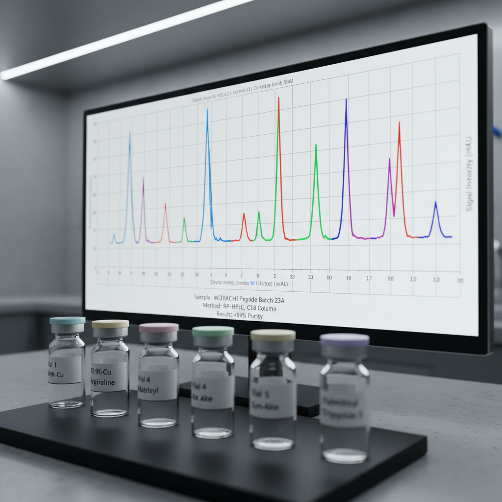A detailed, photographic realism macro shot of a high-resolution HPLC chromatogram on a sleek, frameless laboratory monitor, with sharp, colorful peaks rising against a clean white grid. In the softly blurred foreground, a row of small labeled peptide sample vials rests on a matte-black lab tray, their caps in subtle pastel colors for easy differentiation. Cool, focused overhead lighting creates gentle reflections on the monitor glass and faint highlights along the vial edges. Captured from a low angle, the image emphasizes the dominance of the chromatogram as evidence of purity and consistency. The atmosphere is precise, data-driven, and confidently technical, showcasing Woyachi’s lab-tested quality claims in a modern, minimalist environment.